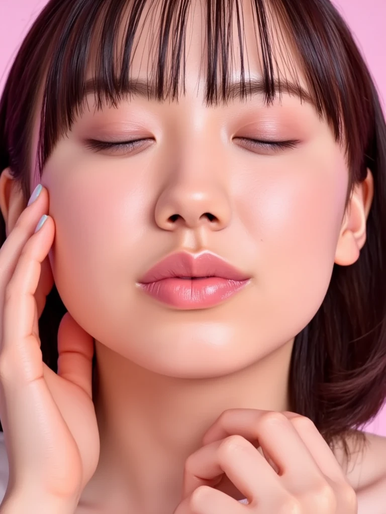 long straight hair, her eyes closed ,light white clothing, smooth skin, indoor setting with a white background,bust shot, naked from the chest down,soft lighting with shadows on the right, warm and serene atmosphere, close-up shot with shallow depth of field, balanced exposure.