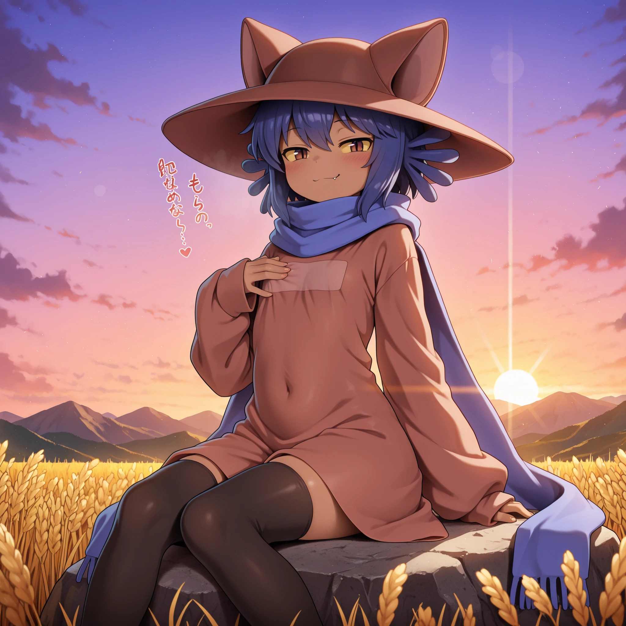 masterpiece,best quality,absurdres,highres,cniko,blue hair,short hair,hair between eyes,whiskers,
cat hat,yellow sclera,brown eyes,slit pupils,blue scarf,brown dress,long sleeves,sleeves past wrists,black legwear,fingernails,sitting,on rock,looking at viewer,smirk,:3,half-closed eyes,closed mouth,fang out,
outdoors,dusk,wheat,wheat field,mountainous horizon,detailed background,scenery,sunbeam, femboy, grabbing own chest, hand on lower left chest, japanese heartbeat sfx, feeling own heartbeat, heartbeat, hand over nipple, flat chest