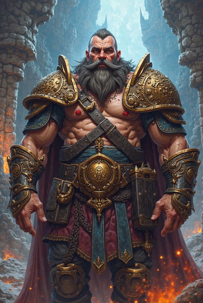 burly virile hairy elf, in a suit of armor, a himbo muscle daddy, middle-aged dilf, hirsute, overmuscular and musclebound, bulging veiny muscles, a warrior's build, a bodybuilder's physique, long bushy and a thick mustache, a square jaw, handsome and dreamy, rugged and manly, grey hair, a gladiator in the arena