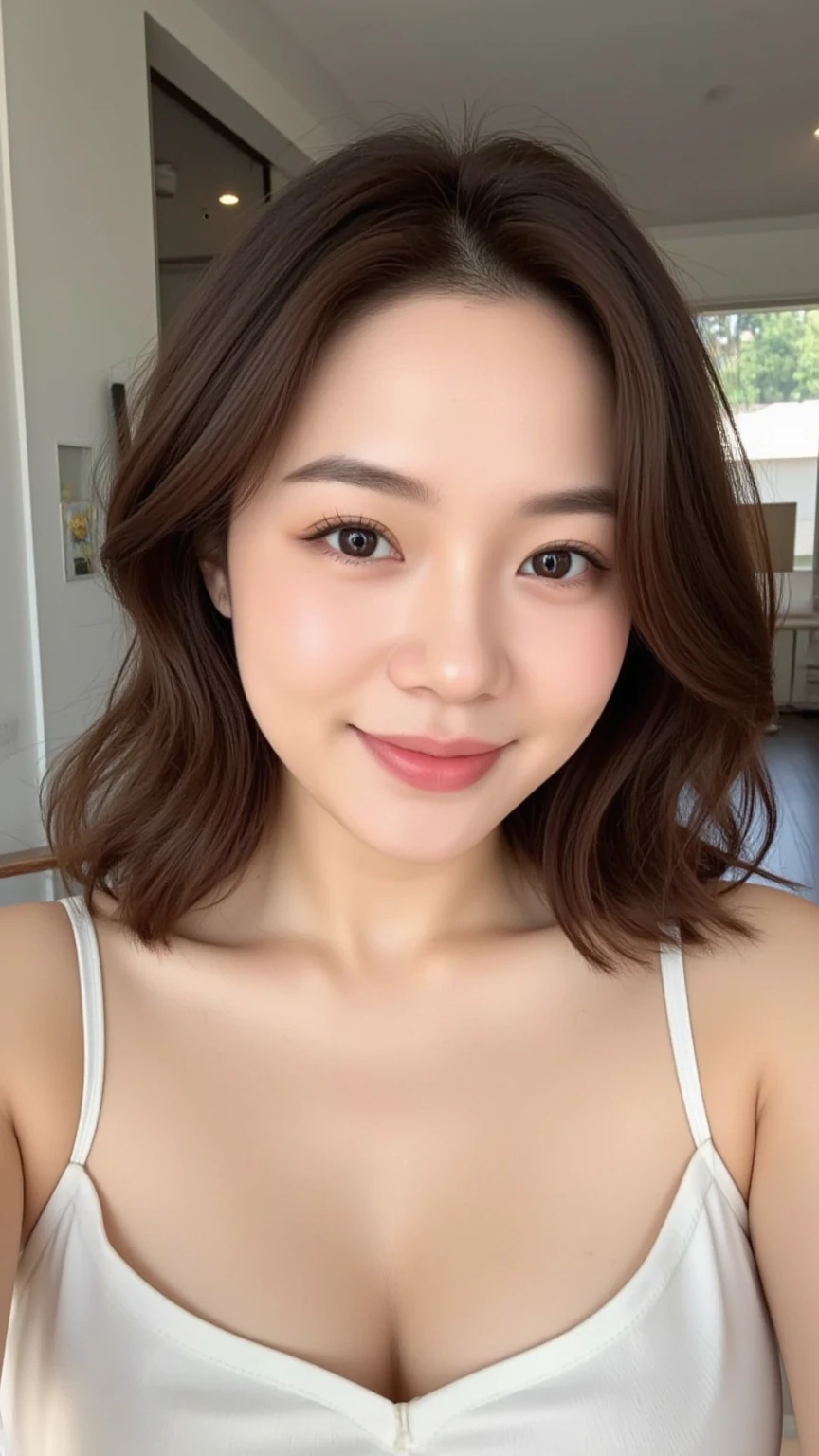 ((highest quality, 8K, masterpiece: 1.3)), 1 girl, The beauty of slim abs: 1.3, (hairstyle casual, big breasts: 1.2), dress: 1.1, super fine face, delicate eyes, double eyelid, smile, Home,gold