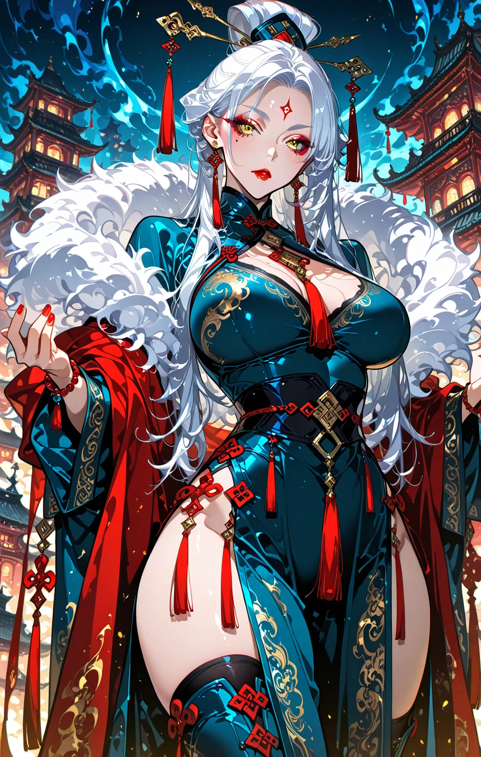 best quality,4k,8k,highres,masterpiece:1.2),ultra-detailed, extremely detailed eyes, extremely detailed body, (large masterpiece digital art), (detailed manga illustration), (detailed line art), ((perfect anatomy)), (intricate details:1.3), (ultra-detailed:1.3), (illustration:1.3), (sharp focus:1.3), (natural lighting:1.05), (vivid colors:1.3), (masterpiece), best quality, expressive eyes, perfect face, 1girl, animal ears, bare shoulders, {blue eyes}, blurry, bracelet, breasts, choker, cleavage, cowboy shot, depth of field, festival, fireworks, heart, heart choker, Japanese clothes, jewelry, kimono, large breasts, looking at viewer, mask, mole, mole under mouth, obi, off shoulder, parted lips, rabbit ears, ribbon-trimmed legwear, ribbon trim, sash, short hair, white hair, short kimono, short yukata, skin dentation, smile, solo, thigh-highs, Viera, ({dark skin}), ((dark skinned woman)), wide sleeves, green yukata, cinematic lighting, warm atmosphere, final fantasy,