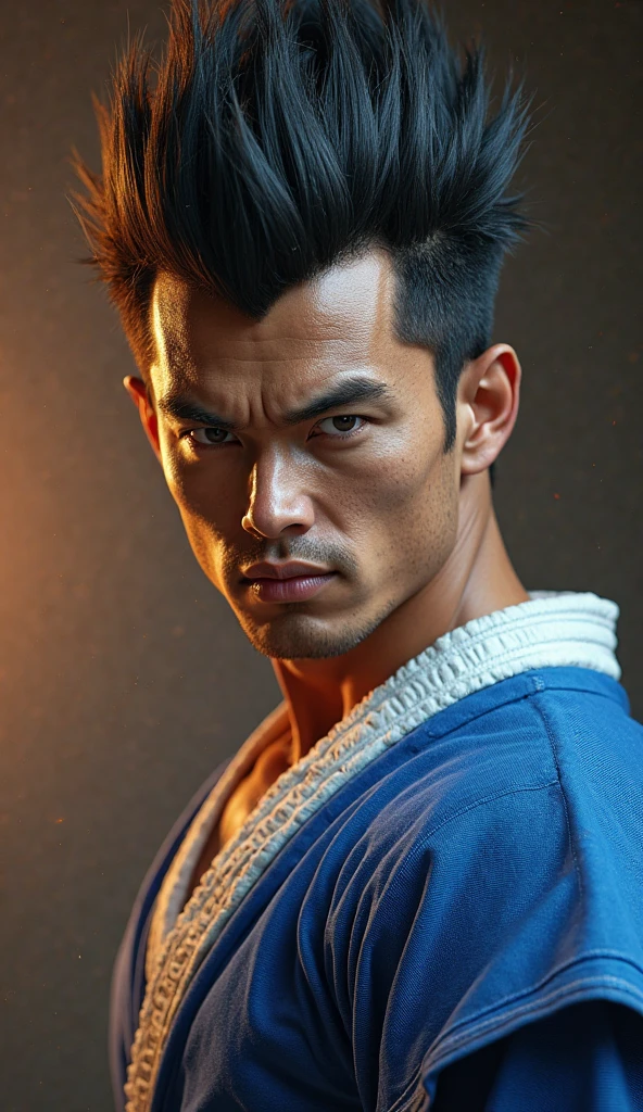 (real-life)
with short, well-defined, wavy black hair, He wears the black Cobra Kai kimono and wears a black belt on his forehead., He is dark-skinned and has a small scar on his eyebrow, and your eyes are brown.
He is a young man from Fundo: Karate