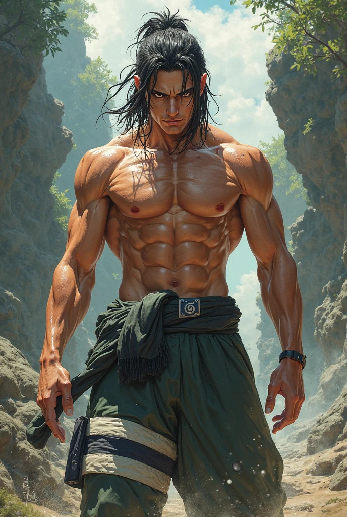 ((best qualtiy)),((tmasterpiece)),(A detailed),Barbarians wander in an ancient lost city。Perfect body with a clear silhouette,Crazy handsome masculine face。The sunlight highlights his muscles and scars。The scenery is lush,Enveloped,There are ruins and vegetation。The camera details everything。whaite hair。