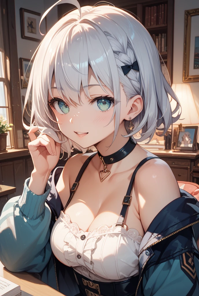 ((masutePiece)), ((best quality)), em 8K, Detalhes, ultra-detalhado, Detalhado e intrincado, 1girl em, piercings na orelha, cabelo azul claro e verde, cortes de bob, Orelhas de gato, piscar, Perfil, Piece, saia pelo, andar, um parque, Invernos