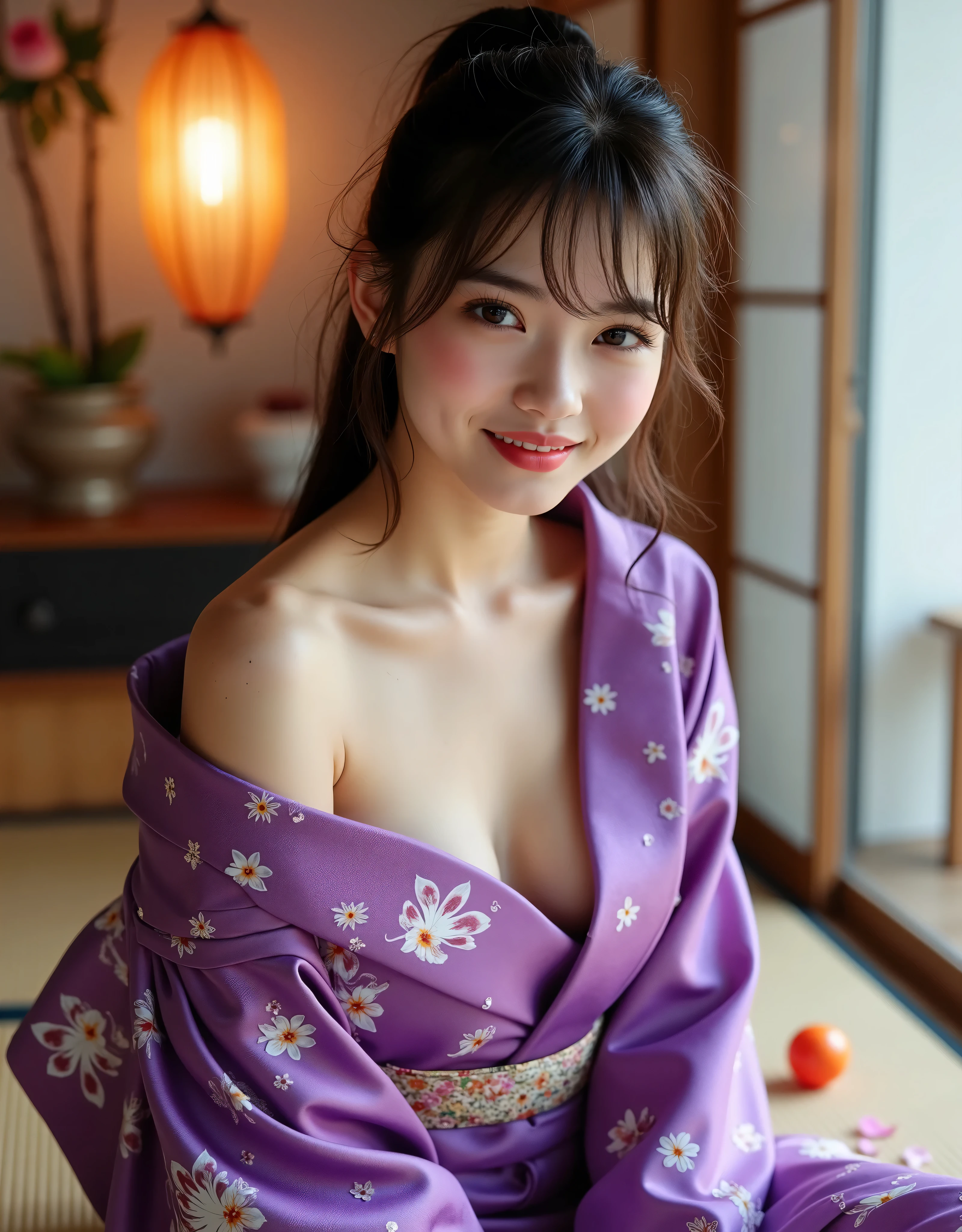 (masterpiece、high resolution、high quality)、Japanese beautiful girl、12-year-old elementary school student、Immature body、Beautiful body、Soaring、night、Laughter、Clear Eyes、、Beautiful Skin、(Purple kimono、Sunny clothes、Long-sleeved kimono、Japanese style pale pink floral pattern:1.2、Her kimono is open and her naked body is visible.、Her breasts are exposed from her kimono) Black-haired , Japanese-style hair accessory, breasts fully visible、Very small breasts、Small breasts、Small cherry-colored areola、Beautiful erect nipples、Small butt、Shaved、Cool Summer、nightの夏祭り、Fireworks display、Professional Photography、Random Hairstyles、