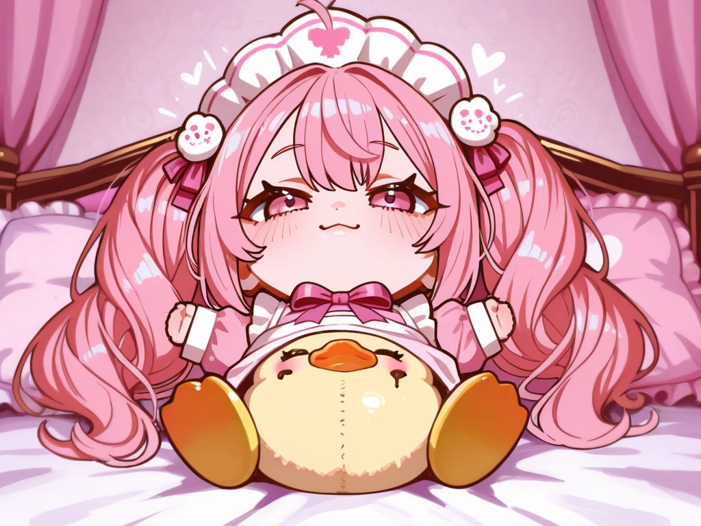 High resolution, extremely detailed, masterpiece, 1girl, long pink pigtails, pink eyes, round face, extremely adorable, premature body, small, short, very cute race, big eyes, ultra cute, simple