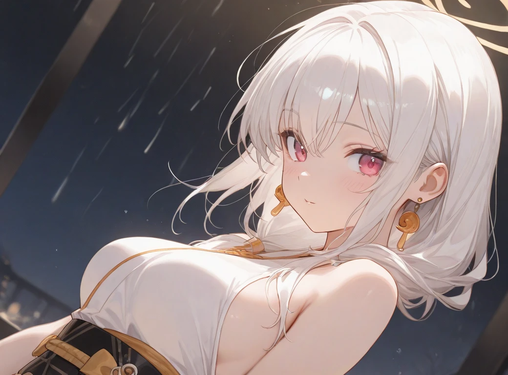 (Extremely delicate, masterpiece, excellent light and shadow, 8K HD wallpaper), white hair, golden eyes, intermittently translucent white clothes, looking at the upper body, lacy hair accessories, pale pink skin, tie at the waist, side braid swing.