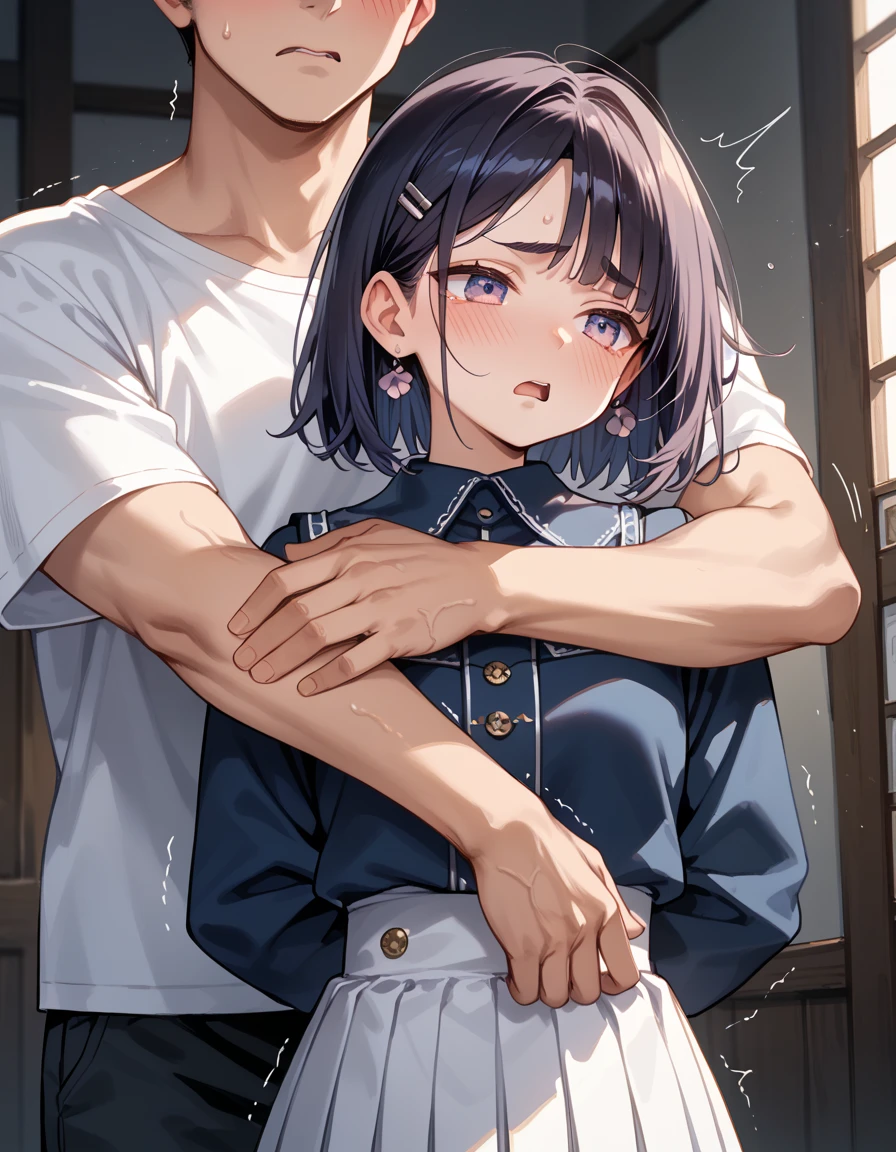 masutepiece, Best Quality,Illustration, Wallpaper, ultra -detail, Little Face Lori、(((molesting)))、Detailed eyes, Complex hairstyle、Sareme、(Frightened:1.3)、((embarrassed from))、(Teary-eyed:1.3)、(((Cute white underwear)))、(Cute shirt、Skirts of light shades)、ample breasts、((Morester))、((Girl being undressed by a man))