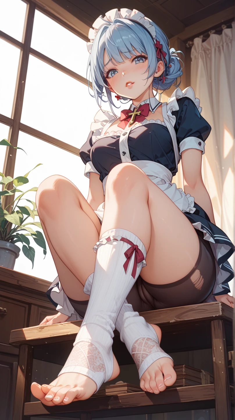 (footjob), Masterpiece、Highest quality、Highest quality, (long and thin legs, shoes:1.2), Arm behind wrist, squat、Spread your legs、1 girl, (smile、Open your mouth大笑い:1.2), Cute eyes, (Detailed face:1.3)、Open your mouth, The whole face turns red, alone, Big and ample breasts, (Straight bangs, Twin tails), White maid outfit、Side bust、Underbust、belly button、Walking through the mansion'corridor、nsfw