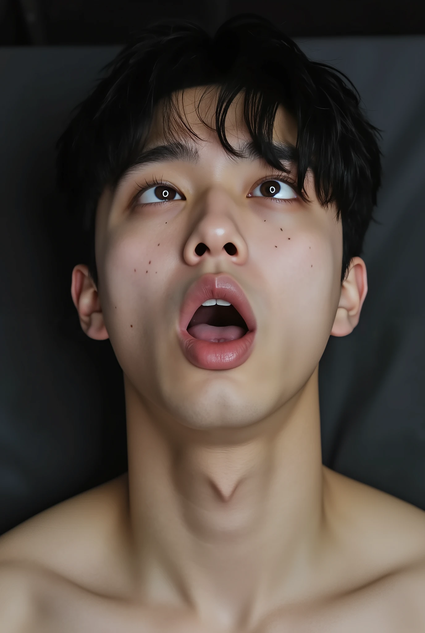 (masterpiece, ultra quality, high resolution, 8k, intricate: 1.2), (detailed face:1.2), handsome Young Korean man ,white skin, double eyelids , detailed skin, 1boy, ((realistic)), abs, good lighting quality, muscle veins, ((pale skin)), being hypnotized in a gym, with his head tilted backwards to see the boy’s strong jawline, messy hair, being hypnotized, his eyelids lifted revealing only white eyes with black eyes rolled back, mouth hanging open, from above perspective, in a deep trance, uvula visible, his eyes rolled back, mouth hanging open, drooling,((eyes looked up:1.6)), ahegao, crossed eyes