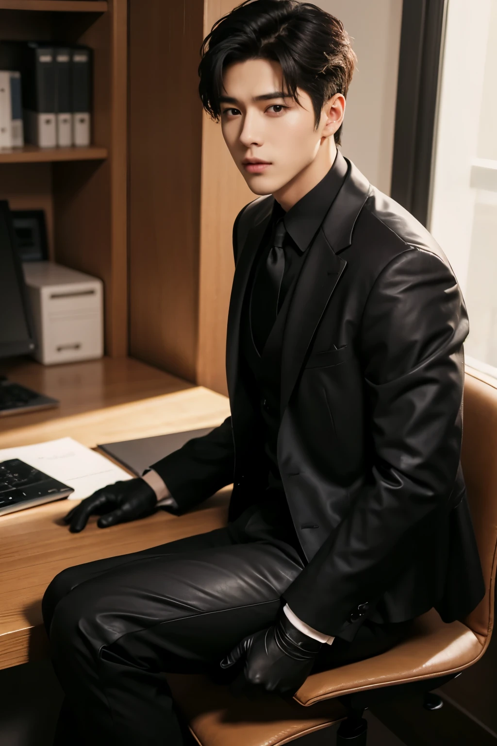 asian man, marked jaw, Kim Taehyung, fbi agent, using suit, while sitting in an armchair, looking at screen, striking look, CIA secret agent clothing, full hd, 4K, photo in the office, Black suit
Preparing 