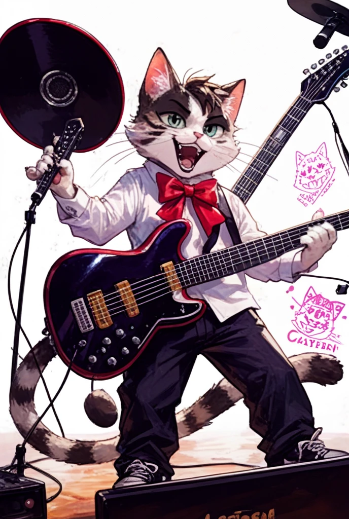 arafed cat playing a guitar and looking up, rocking out, he is a rockstar, guitarist, !!!! cat!!!!, guitar solo, cat with lute, jamming to music, playing the guitar, singing for you, bassist, playing a guitar, awesome cat, lead guitar, musician, catss, !!! cat!!!, furry artist, rock music, playing guitar
2
Rocking Kitty: A fluffy gray and white cat strikes a passionate pose, eyes gently closed, as it holds an electric guitar with a sense of musical bliss. The clean, white background highlights the cat’s adorable presence and the vibrant sunburst finish of the guitar, creating a fun and whimsical atmosphere.　　arafed cat playing a guitar with a purple string, rocking out, !!!! cat!!!!, cat with lute, !!! cat!!!, he is a rockstar, elokitty, catss, guitar solo, 😃😀😄☺🙃😉😗, feline, neko, an anthro cat, catarthic, guitarist, catscatscats, gaturro
2
A playful illustration of a standing cat playing an electric guitar, showcasing a serious yet endearing expression. The cat has a realistic fur pattern with stripes, and its eyes are fixed on the viewer, creating a confident gaze. The backdrop features abstract geometric shapes in purple, blue, and pink lines, adding a dynamic and lively atmosphere to the scene. The image conveys a whimsical and creative vibe, capturing the surreal idea of a musically talented feline.