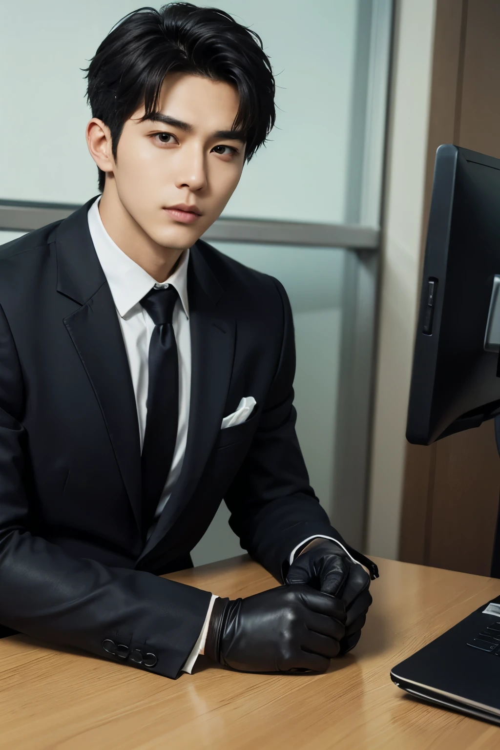 Male character with slightly pointed hair white long dress shirt with vest Black half of a police officer a tie sitting in a chair Gamer with headphones and using his iPhone