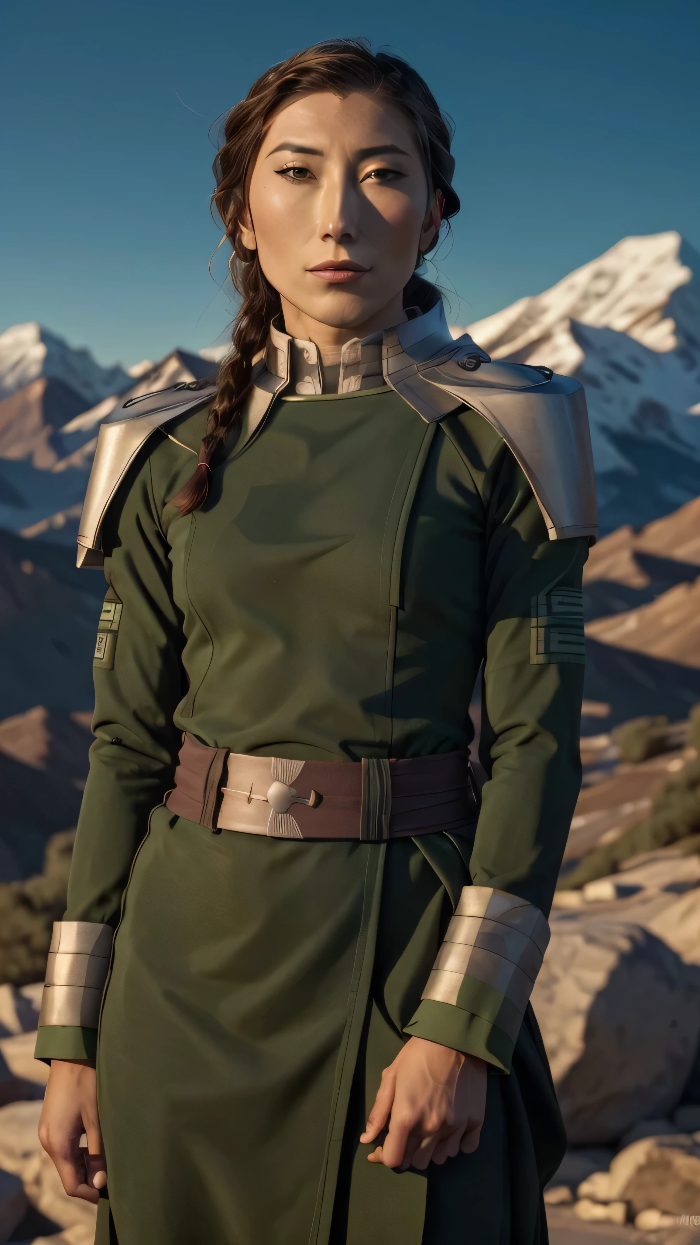 ((masterpiece:1.3), (best quality:1.3), dichen_lachman as kuvira, 1girl, solo, smug, braided hair, looking at viewer, detailed background, mountain range, mountain in the background, realistic