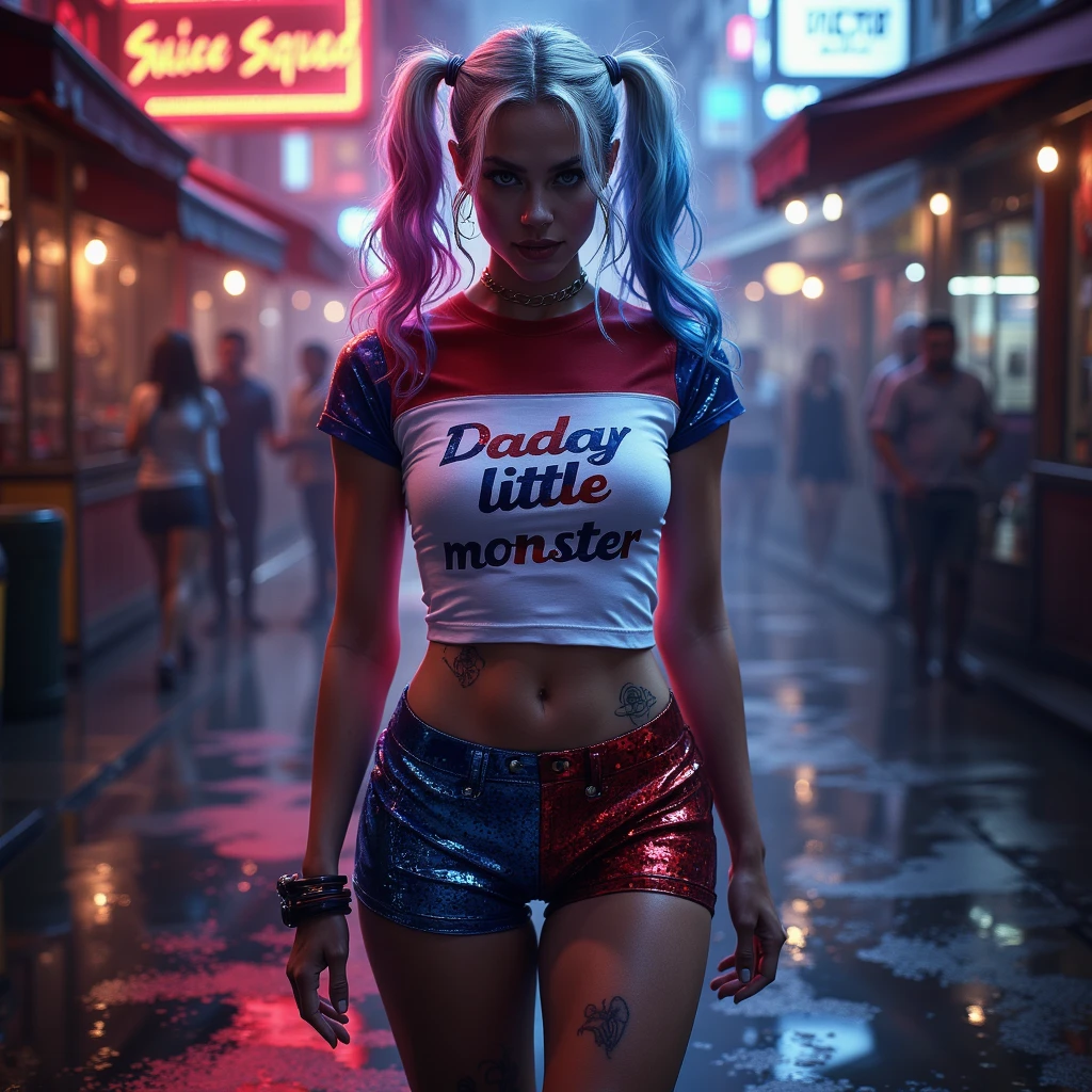 A fierce female character stands confidently in the center of a dark, psychotic smile, gritty urban street at night. She has strikingly bold makeup with heavy eyeliner and bright red lipstick. Her hair is styled in two high pigtails, with one side dyed pink and the other side dyed blue. She is dressed in a torn white shirt with "Daddy's Lil Monster" written on it, Harley Quinn look, paired with a shiny red and blue bomber jacket. She also wears a pair of fishnet stockings, very short ripped red and blue shorts, and a studded belt. She holds a baseball bat over her shoulder with a determined expression on her face. The background features blurred storefronts with neon lights, adding to the urban, chaotic atmosphere. The overall vibe of the image is rebellious and edgy.