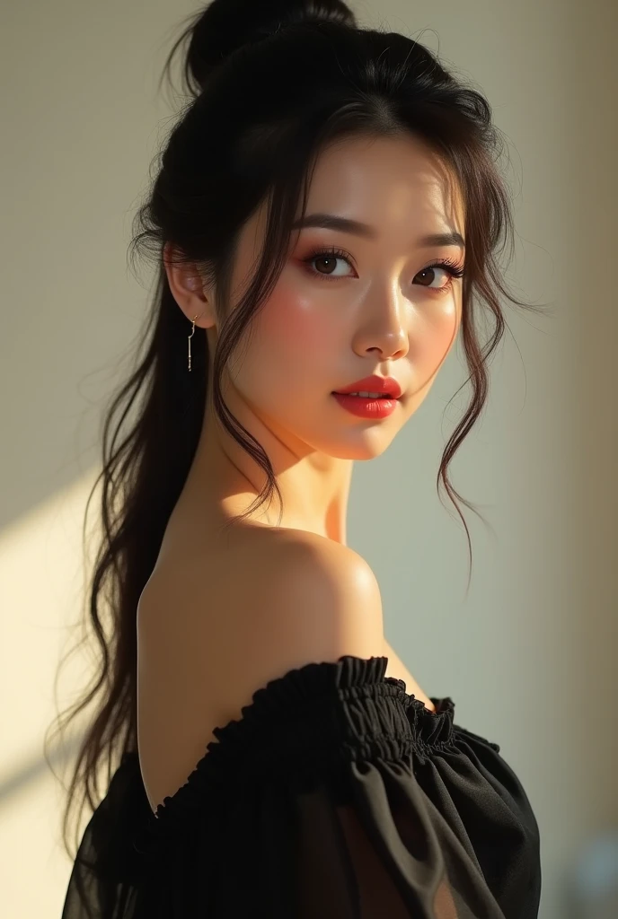 Elegant, very realistic female body with skin-colored lips, hair in a ponytail, looking forward, full body in dark beige skin color fading to white, brown mahogany dress, Chinese nationality, black eyes with shiny gray earrings, and a cream-colored skin-toned belt on the hip, skin-colored fingernails.  