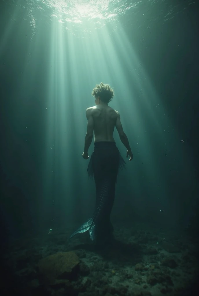 a beautiful man, with medium straight wavy brown hair, with a golden net around his body underwater, and jellyfish