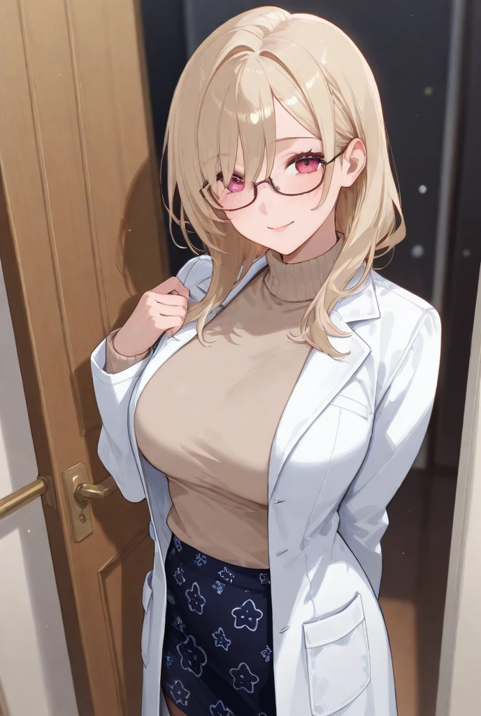 masterpiece, best quality, pastOleana, medium hair, blunt bangs, tied hair, hair over shoulder, glasses, labcoat, blue turtleneck sweater, long sleeves, large breasts, upper body, looking at viewer, smile, tired, office