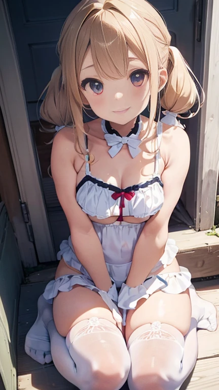 NSFW,(pale illustration,anime illustrations:1.2),(masterpiece, highest quality, so beautiful, Super detailed),textured skin, high details,8k,gleaming skin,pale outline
(hachimiya meguru, idolmaster:1.2),gold hair,
1 girl,(black Thighhighs:1.3),middle breasts,shorty,happy smile,
string bikini,standing,
from front,white and clean bedroom