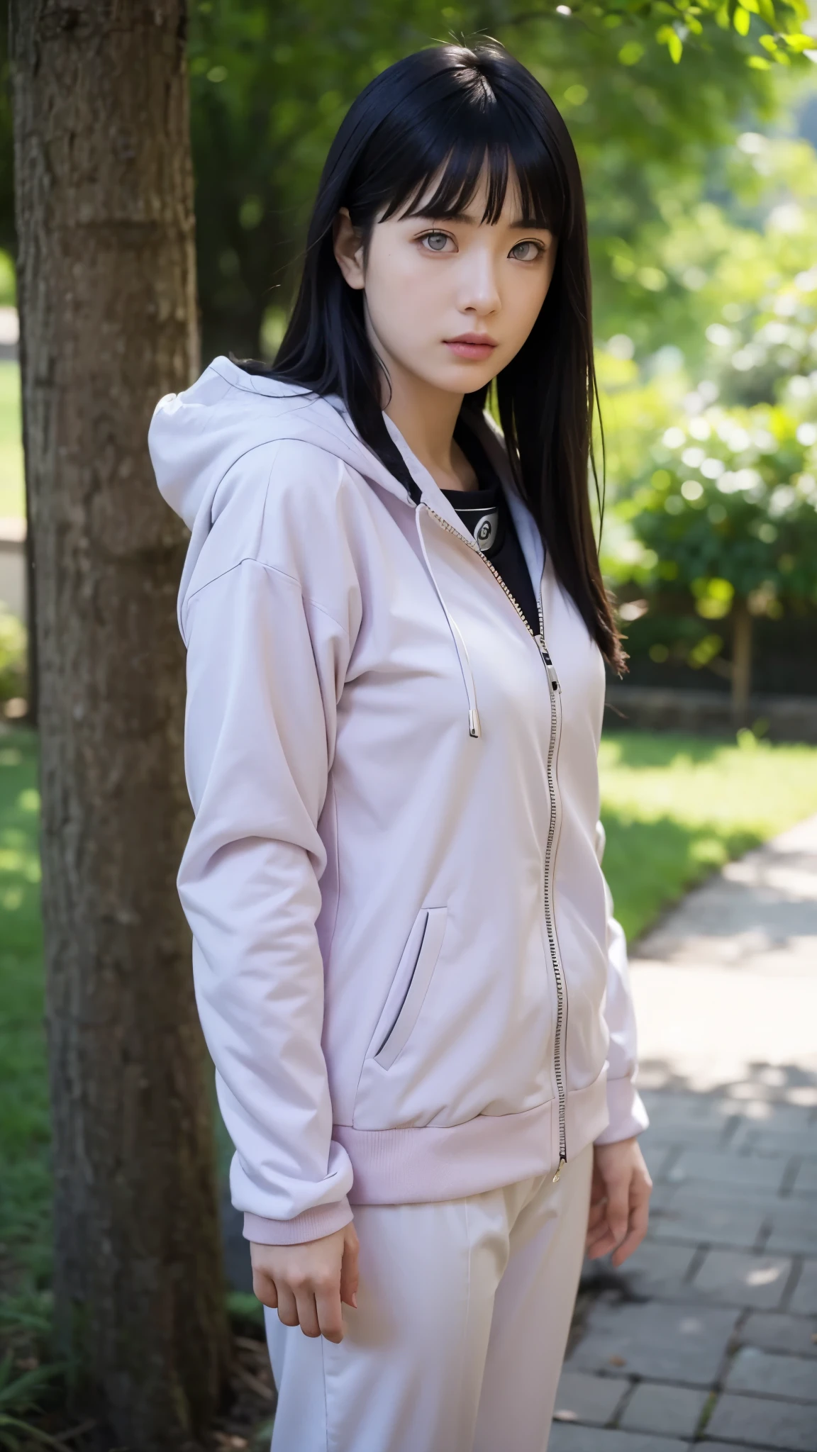 A hyper-realistic portrait of Hyuga Hinata from Naruto Shippuden, imagined as a real-life person. She has smooth fair skin, soft facial features, and long, straight indigo hair with bangs framing her face. Her pale lavender Byakugan eyes have no visible pupils, giving her a mysterious and powerful look. She is wearing her iconic outfit: a light lavender and cream hooded jacket with a zip-up front, mesh ninja armor slightly visible underneath, dark navy-blue pants, and open-toed black shinobi sandals. Around her neck is her Konoha forehead protector, slightly worn but full of pride.

The background is a beautifully detailed street in the Hidden Leaf Village (Konohagakure), with traditional wooden buildings, stone walkways, red paper lanterns, and blooming cherry blossom trees. Ninja walking in the distance, the Hokage Monument visible in the far background. The lighting is warm and soft, suggesting a late afternoon or early evening, with golden sun rays filtering through the trees.

Ultra-realistic lighting, 8K quality, high-detail skin texture, natural fabric folds, cinematic depth of field, peaceful and emotional atmosphere, anime character in real-world style