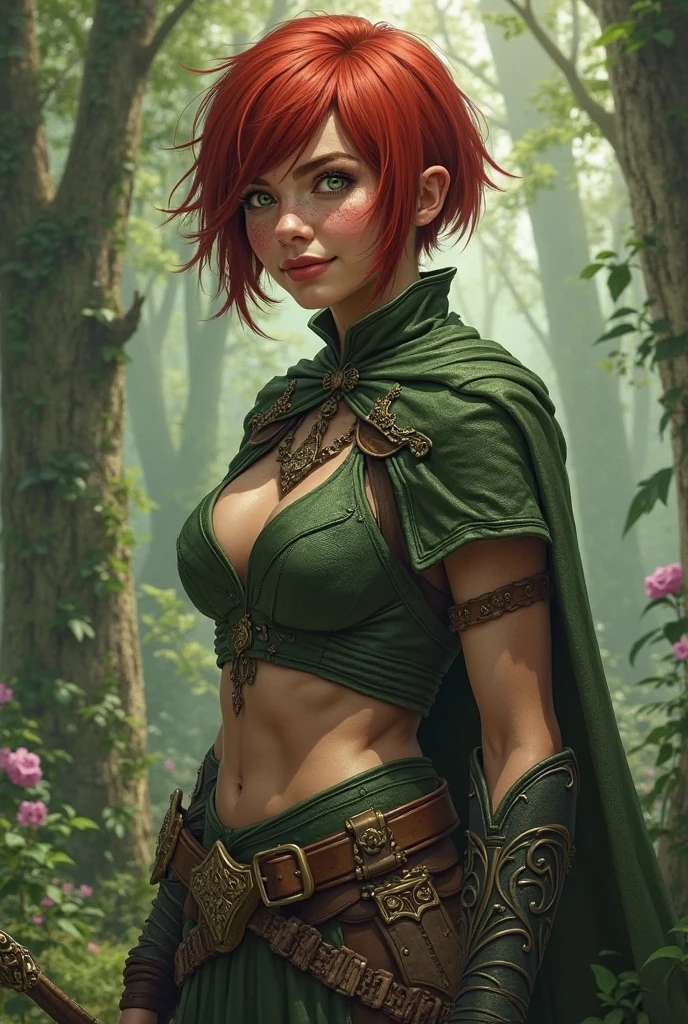 feminine figure, redhead, freckles, best quality, realistic skin texture, photography, detailed facial features, film grain texture and high contrast, extremely high-resolution details, photographic, photorealistic, hyper-realistic, HDR, masterpiece, (short hair), medium breasts, fully dressed as a fire mage from World of Warcraft, forest with a cave background