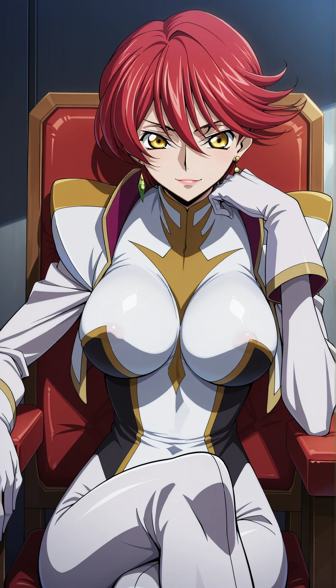 narah_pilotsuit,narah vaughn,1girl,solo,red hair,sitting,crossed legs,short hair,breasts,chair,yellow eyes,gloves,looking at viewer,jewelry,earrings,lipstick,large breasts,mature female,MILF ,,,,,,, score_9, score_8_up, score_7_up, score_6_up, score_5_up, score_4_up ,,,,, smile earring locking at viewer large breasts huge breasts , covered nipple , big breasts ,,,, code geass narah vaughn , Narah Vaughn | Code Geass Roze of the Recapture