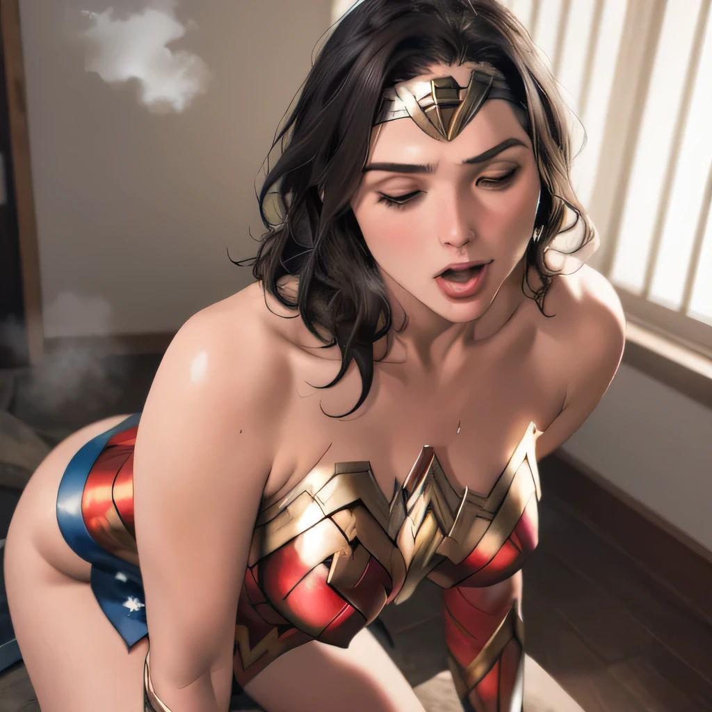 masterpiece, best quality, perfect lighting, illustration, very detailed eyes, depth of field, absurdres, 1girl, wonder Woman , erection, cum, ejaculation, projectile cum, solo, solo focus, male orgasm, cumming,long messy hair, large breasts, portrait, facial, cum on body kneeling, from above,