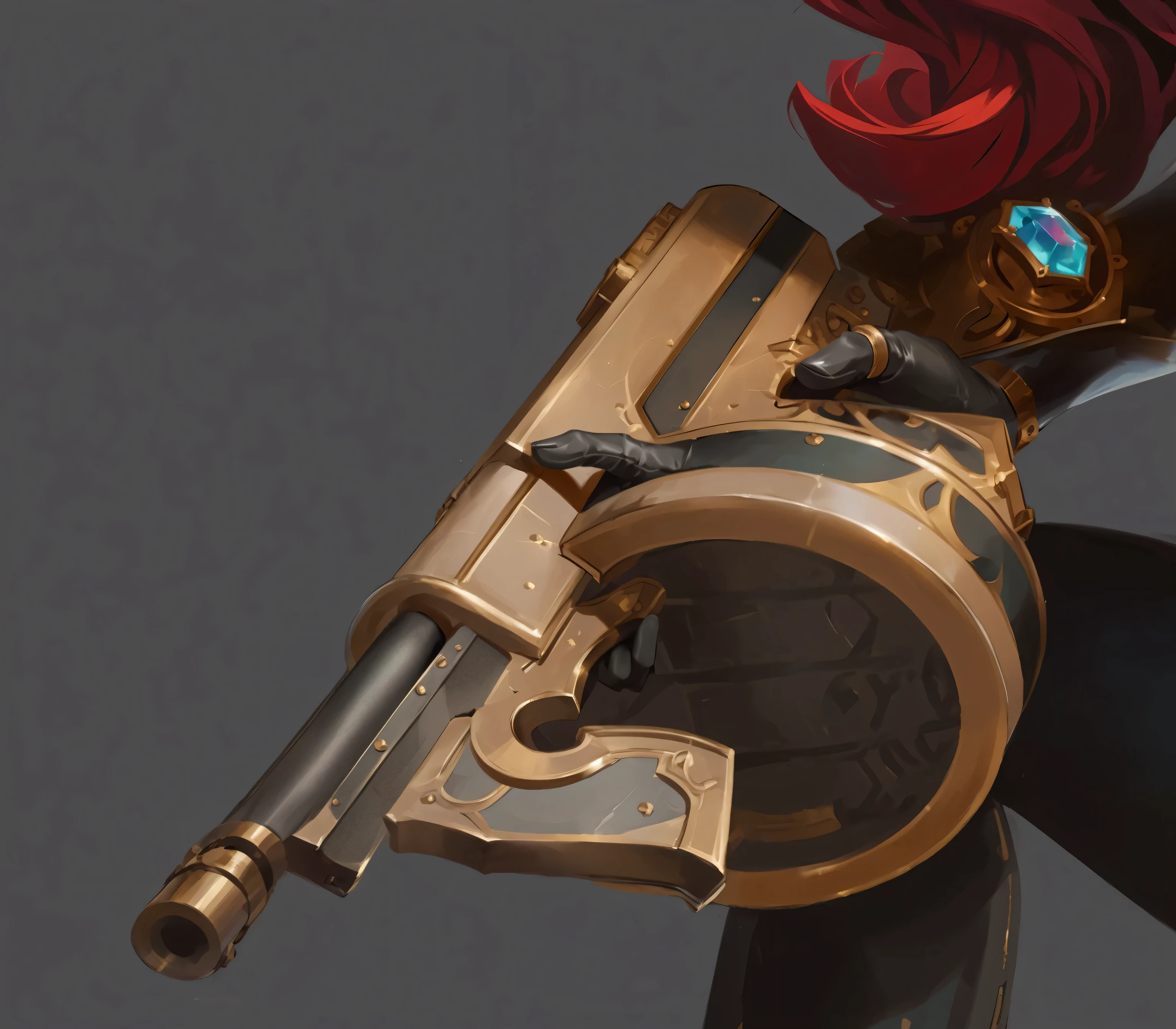 (ornate golden steampunk pistol:1.5), (League of Legends weapon concept art:1.4), (Miss Fortune inspired gun:1.3), (hand wearing black leather glove gripping the handle:1.5), (black gloved thumb prominently positioned on grip:1.4), (detailed black leather glove texture:1.3), (fingers in black gloves wrapped around ornate grip:1.3), (thumb pressing against gold handle:1.4), (bronze mechanical parts:1.3), (blue hextech crystal embedded in handle:1.4), (glowing magical gem:1.3), (intricate engravings on barrel:1.2), (cylindrical barrel with dark metal accents:1.2), (decorative trigger guard with swirling patterns:1.3), (gloved index finger near ornate trigger:1.2), (drum magazine with diamond pattern:1.3), (magical energy emanating from muzzle:1.2), (elegant curved handle:1.2), (gold filigree details:1.1), (steampunk mechanical components:1.2), (fantasy firearm:1.3), (magical weapon:1.2), (high contrast lighting:1.1), (professional digital painting:1.3), (highly detailed weapon render:1.4), (sharp focus:1.2), (concept art:1.3), (weapon design:1.4), (fantasy illustration:1.2), (8K resolution:1.1), (dark background:1.0), (metallic reflections:1.2)