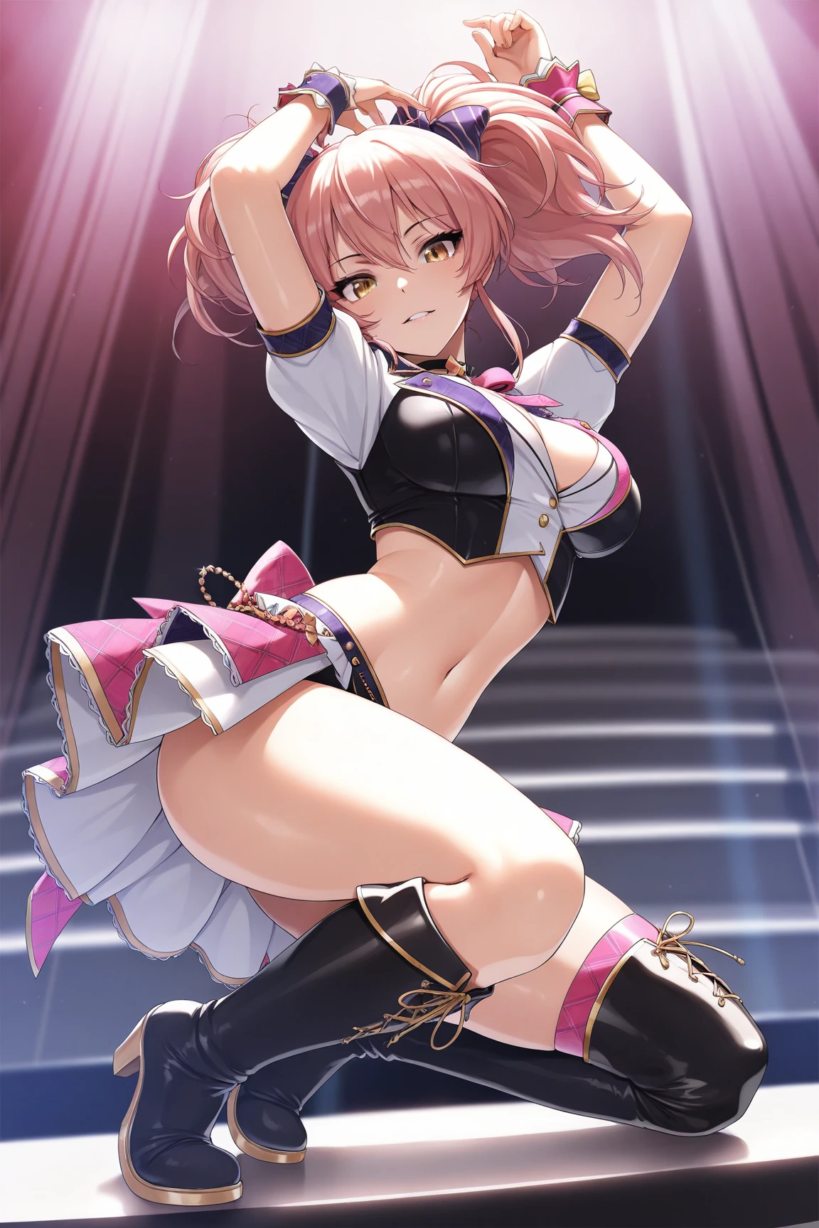 NSFW、8G、highest quality、Highest quality、Real、masterpiece、Mine system、(((Black and pink hair)))、Black Skirt、Knee socks、Absolute area、((Twin tails))、(((concert)))、(((sing)))、(((smile)))、No underwear、No bra、(((脇Sweat)))、(((Sweat染み)))、(((((Body odor)))))、((((((Sweat))))))、(((Big Breasts)))、(((Love juice)))、(((pussy)))、Idol Group、(((Odor)))、(((soaked)))