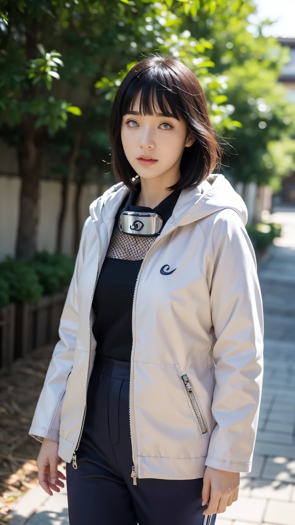 A hyper-realistic portrait of Hyuga Hinata from Naruto Shippuden, imagined as a real-life person. She has smooth fair skin, soft facial features, and long, straight indigo hair with bangs framing her face. Her pale lavender Byakugan eyes have no visible pupils, giving her a mysterious and powerful look. She is wearing her iconic outfit: a light lavender and cream hooded jacket with a zip-up front, mesh ninja armor slightly visible underneath, dark navy-blue pants, and open-toed black shinobi sandals. Around her neck is her Konoha forehead protector, slightly worn but full of pride. The background is a beautifully detailed street in the Hidden Leaf Village (Konohagakure), with traditional wooden buildings, stone walkways, red paper lanterns, and blooming cherry blossom trees. Ninja walking in the distance, the Hokage Monument visible in the far background. The lighting is warm and soft, suggesting a late afternoon or early evening, with golden sun rays filtering through the trees. Ultra-realistic lighting, 8K quality, high-detail skin texture, natural fabric folds, cinematic depth of field, peaceful and emotional atmosphere, anime character in real-world style