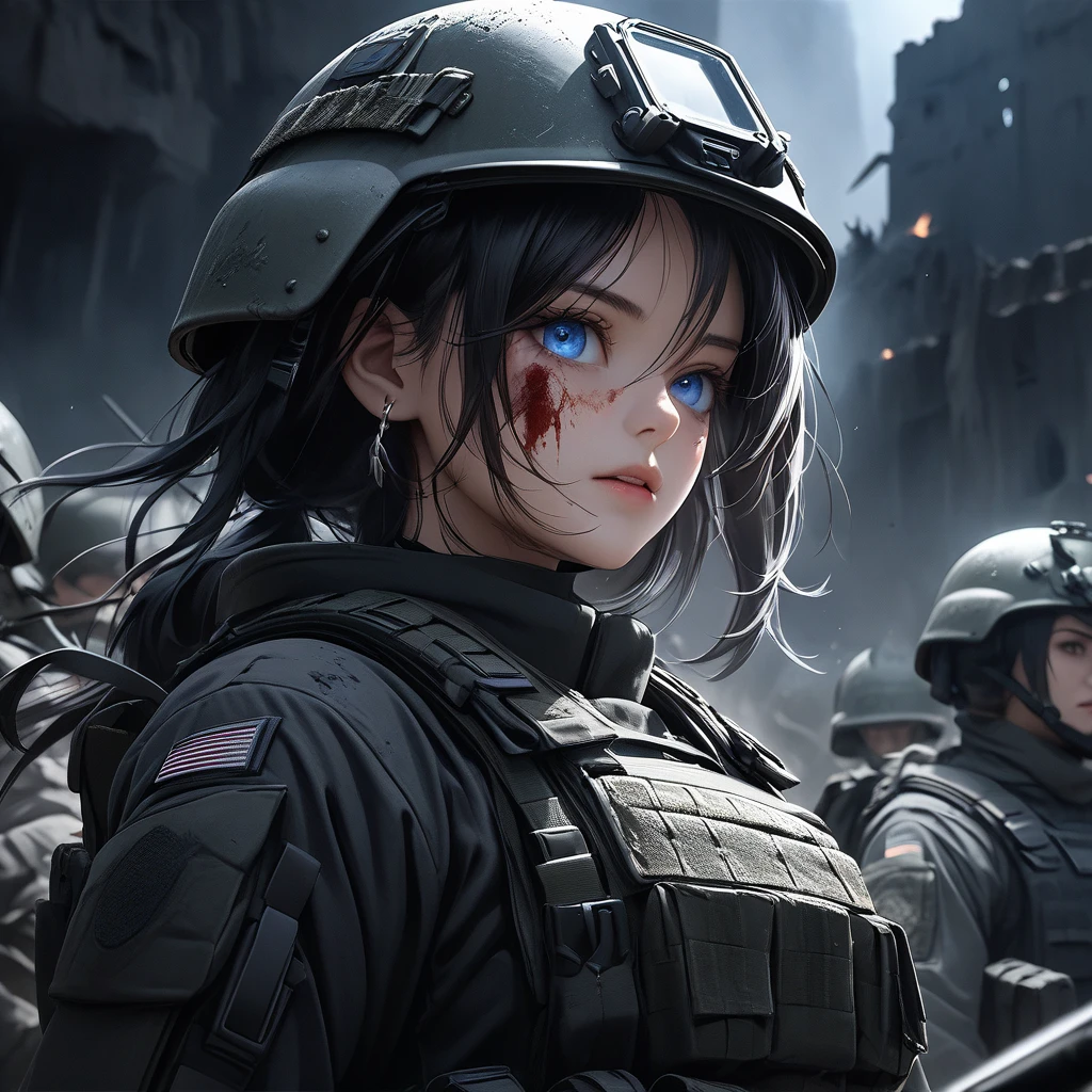Girl in combat uniform、Helmet、Holding a state-of-the-art light machine ...