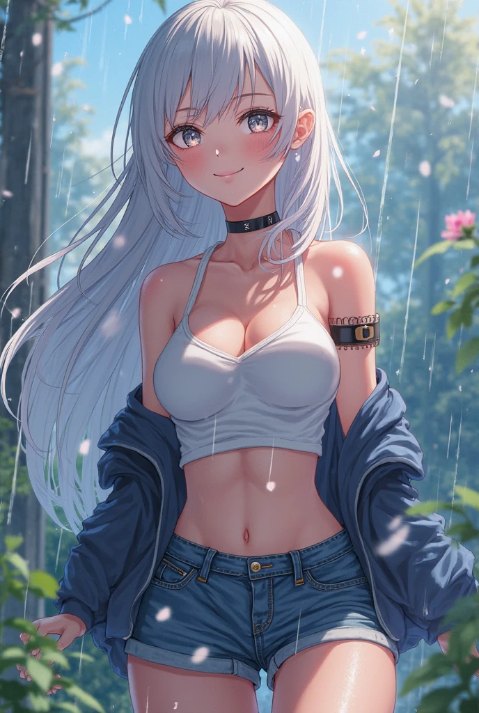 ((masterpiece)), ((best quality)), ((anime profile style)), ((HD 4k)), ((anime character)), ((body watering)), girl, female face , light skin, eyes, eyelid, pupil, sclera, iris, eyebrow, eyelashes, ear, nose, white hair wetting, neck, shoulders, long-sleeved shirt, torn open short shorts, ((panties showing)), arms, (( thick legs)), ((big thigh)), background scenery, ((raining)), viewer view