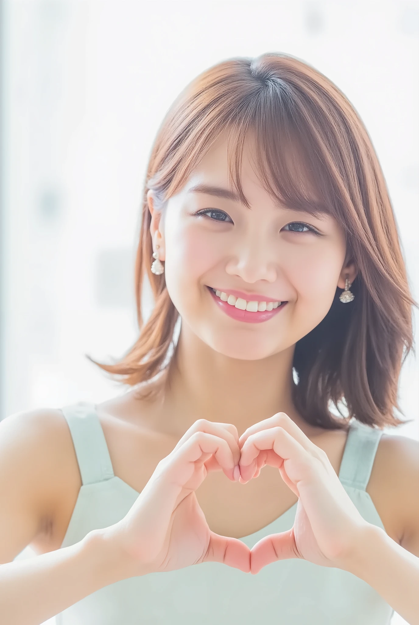 pose with hands in a heart shape in front of the chest、She has a cute smile with her head turned to the right, they wear a camisole, And the background is plain