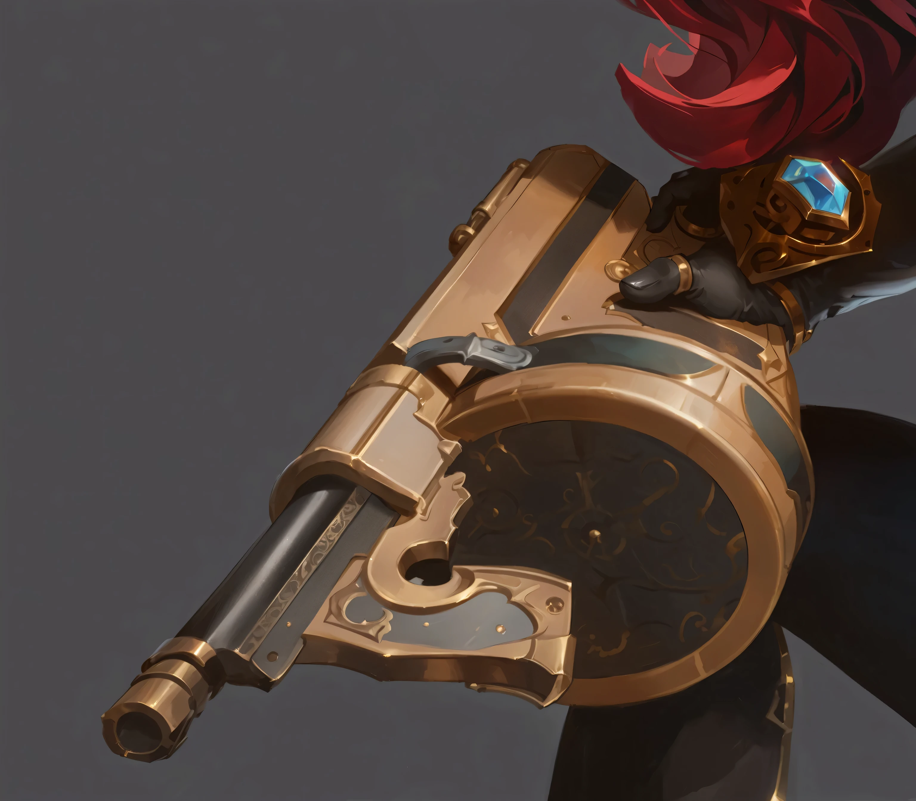 (ornate golden steampunk pistol:1.5), (League of Legends weapon concept art:1.4), (Miss Fortune inspired gun:1.3), (hand wearing black leather glove gripping the handle:1.5), (black gloved thumb prominently positioned on grip:1.4), (detailed black leather glove texture:1.3), (fingers in black gloves wrapped around ornate grip:1.3), (thumb pressing against gold handle:1.4), (bronze mechanical parts:1.3), (blue hextech crystal embedded in handle:1.4), (glowing magical gem:1.3), (intricate engravings on barrel:1.2), (cylindrical barrel with dark metal accents:1.2), (decorative trigger guard with swirling patterns:1.3), (gloved index finger near ornate trigger:1.2), (drum magazine with diamond pattern:1.3), (magical energy emanating from muzzle:1.2), (elegant curved handle:1.2), (gold filigree details:1.1), (steampunk mechanical components:1.2), (fantasy firearm:1.3), (magical weapon:1.2), (high contrast lighting:1.1), (professional digital painting:1.3), (highly detailed weapon render:1.4), (sharp focus:1.2), (concept art:1.3), (weapon design:1.4), (fantasy illustration:1.2), (8K resolution:1.1), (dark background:1.0), (metallic reflections:1.2)
