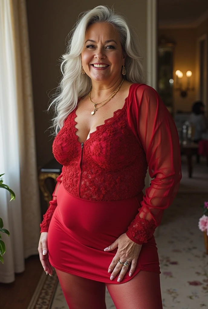 Mature old woman 80 years with silver hair, plus size, overweight, old face and body with many wrinkles, smiling, loose skin, standing at blooming garden posing for photo, She wearing red lace bodysuit and red lace stockings. jaw dropping mature older beauty, old face and body with wrinkles, legs are visible, old face, bright makeup, red lips, attractive grandma, a gorgeous old hair, beautiful old grandma, lovely older mature grandma, gorgeous beautiful grandma over 80 years old, beautiful silver hair grandma, beautiful detailed body and face, a beautiful old granny