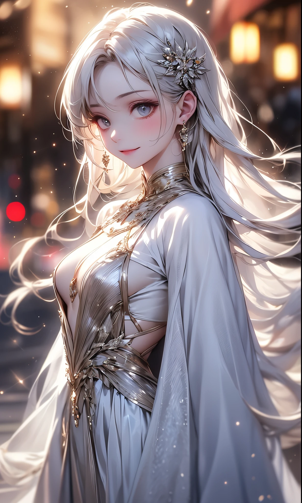 (masterpiece),(4K),High Quality,(small breasts),1 girl, Long Silver Hair ,pale skin,smile, beautifully detailed grey eyes, ( high-definition and elegant ),( white cape let fashion), magical colors and vibes, detailed skin from sleeve to chest,(Cute sparkle), light particles, The background is softly blurry ,add a dramatic and iconic element to your scene, description boundary ahead of the large end, Bokeh, Silky to the touch , see-through silk, soft, lightweight garment、beautiful and neat face、 hyper details,creates a dreamy and elegant atmosphere, from side