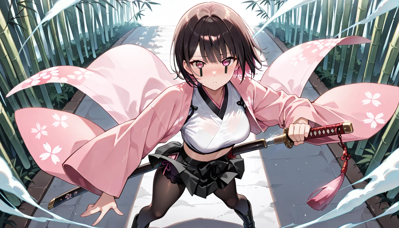 Adult features Short Ponytail length, Narrow eyes smile Glare frivolous attitude Japanese Clothing White shirt Black hot pants Black long gloves Black knee socks Please put your hands on your hips Japan Hold the sword to your waist Machine City