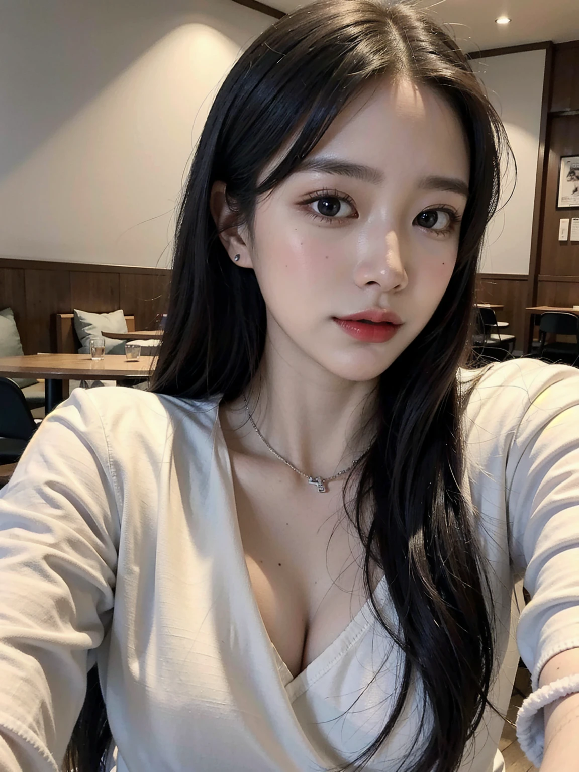 ((best qualtiy, 8K, tmasterpiece:1.3)), Sharp:1.2, perfect figure beautiful woman:1.4, Slim abs:1.2, ((Layered Hair Style, huge tit:1.3,cleavage:1.2)), (A long shirt with transparent wet black buttons:1.1),(Sateen,the street:1.2),Highly detailed facial and skin texture,A detailed eye,二重まぶた,Look sideways at the camera