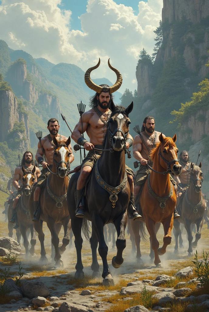 Warriors in kilts on horses and storm