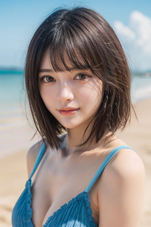 Hair blowing in the wind、Wet Skin、Wet Hair、Wet clothes、Rainy New York,A cute girl with a face like a Japanese idol, 、((Baby Face))、Short Hair, Skinny body、athlete、(Cinema Lighting),(Natural light),(High level of artistry),(artistic),(Indistinguishable quality from the real thing),{{RAW Photos}},{{Genuine}},High resolution,masterpiece, beautiful, Handsome Tomboy, Looks like a salon model, Cool face,  nsfw,、smile:0.7、Puzzled、shame、sleepy、(Spoiled:1.4), Cowboy Shot、Model pose、Two-piece halter-neck swimsuit、