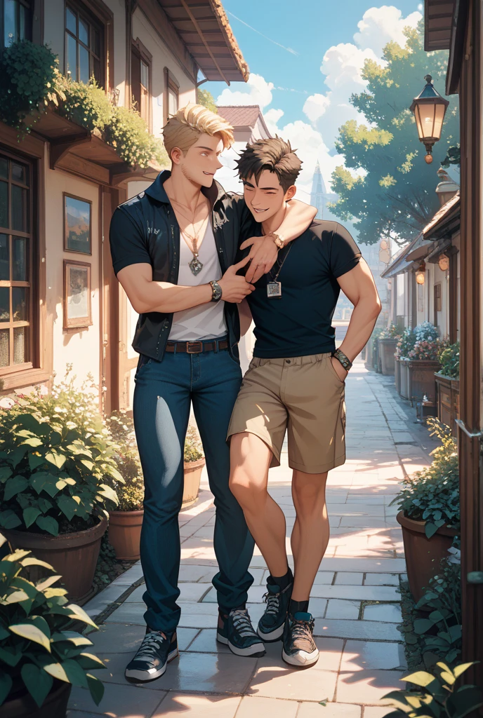 Two men, photo realistic.  A 16-year-old, handsome, lean man with short-cut, blond hair and blue eyes, wearing a brown sweatshirt, and khaki pants, sitting in the lap of a 17-year-old, handsome, athletic, Caucasian man with short, shaved brown hair, and blue eyes, wearing a blue and yellow jersey, and jeans, kissing, groping each other, laying on a grassy field, by a pond in a large city park, at night.  Masculine, erotic, sexy, romantic, love, huge bulge.