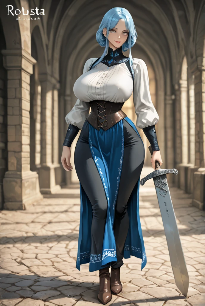 (masterpiece, Best quality, 32 thousand.), (((facing the viewer, full height))), ((full body)), teenage man with blue hair , ((Blue eyes)), ((Tattoo under eyes)), ((Beautiful face, sultry face, mischievous face, fine features, sexy face)), ((pale skin, Smooth skin, perfect skin)), ((medieval classic costume, fantasy outfit)), ( White pants )