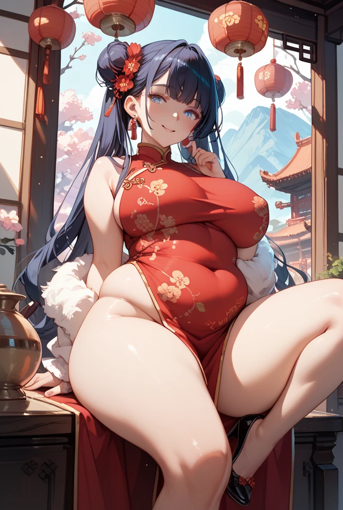 Erotic Anime Illustration、High resolution、A plump gal shrine maiden who sells charms at a shrine at night、reimu hakurei、Completely naked、expose the vagina、ecstatic expression、Overwhelming huge breasts that go beyond common sense、big nipples、thick legs、perfect proportions、sweating