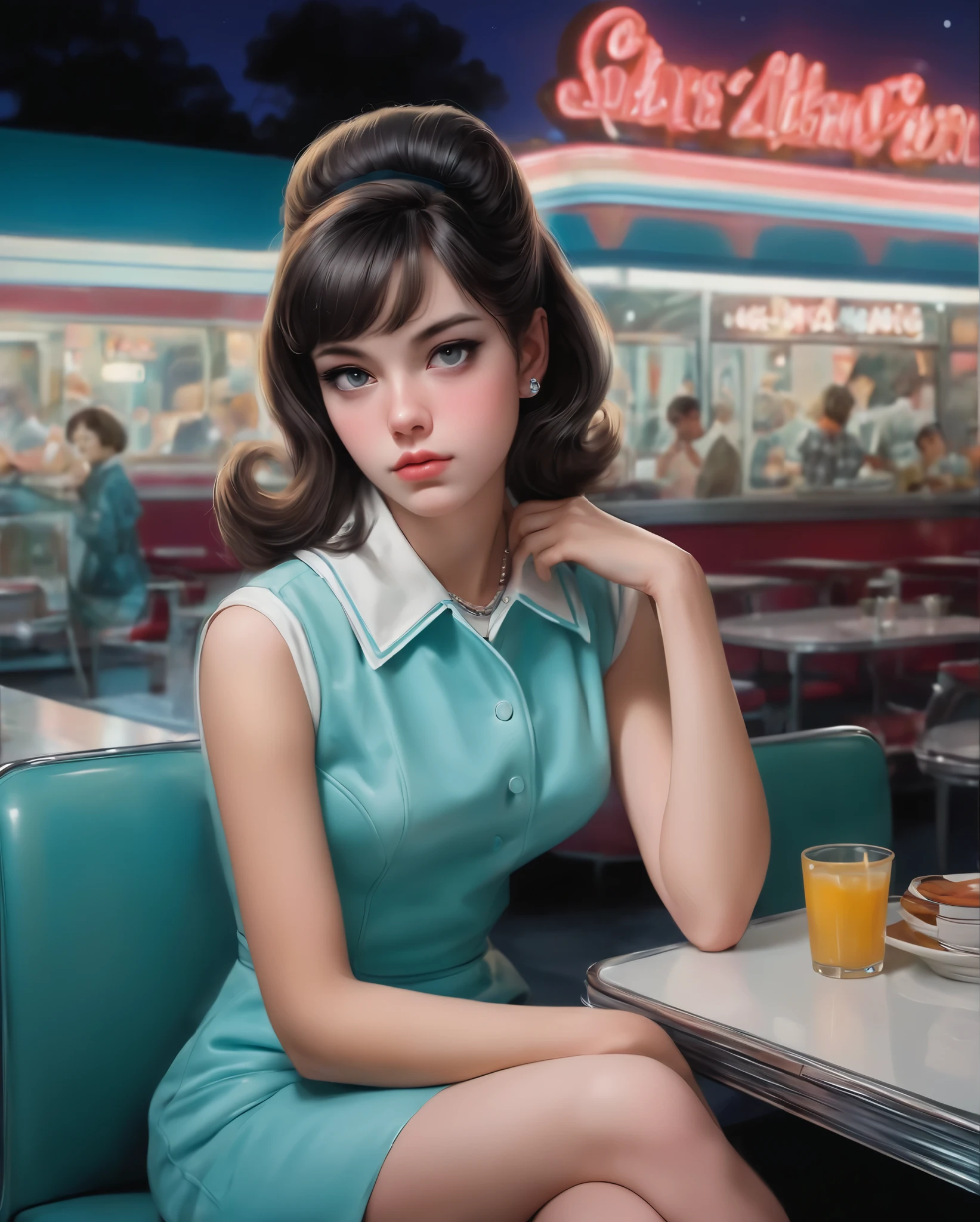 A 磷retty young woman sitting in a 1960s diner at night looking bored, 1960s 风格, 复古_磷_风格, 复古, 