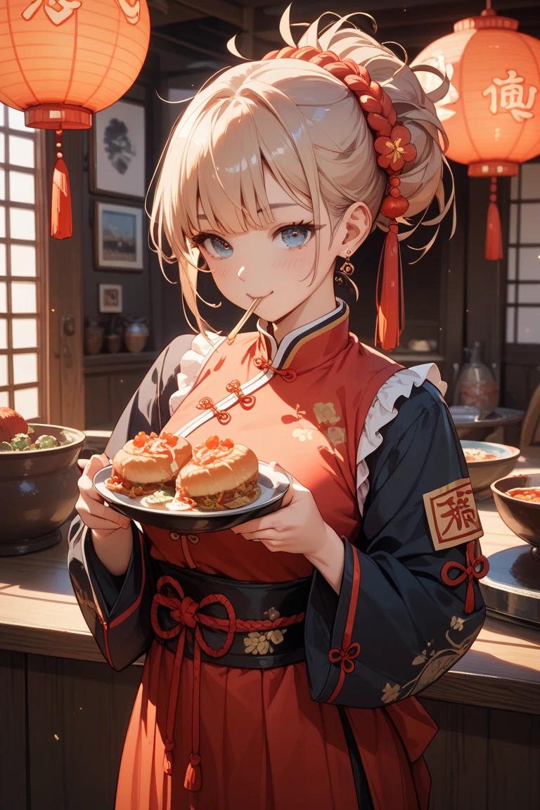 One girl,waitress,Blonde,Twin tails,Bun hairstyle,Curly Hair,short hair,Red Chinese clothing,Blue Eyes,blush,Mouth wide open,A very happy smile,Energetic girl,Girl with small,Small breasted girl,Small  Girls,,flat chest,Chinese restaurant,Flat ,Gorgeous interior,A busy store