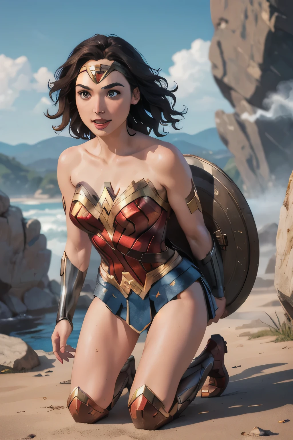(masterpiece:1.3), (8k, realistic, RAW photo, top quality: 1.4), ((one girl)), ((Gal Gadot, Wonder Woman)), beautiful face, (realistic Face), Beautiful Hairstyle, realistic eyes, beautiful fine details, (realistic Skin), beautiful skin, absurd, charm, super high resolution , Super Real, very well detailed, golden ratio, (best shadows), like in a movie, (complicated:1.4), (accurate depiction of a hand and finger kneeling on a rock), smile, sweat, flashing, plump body, BREAK (()), (steam:1.2), cowboy shot