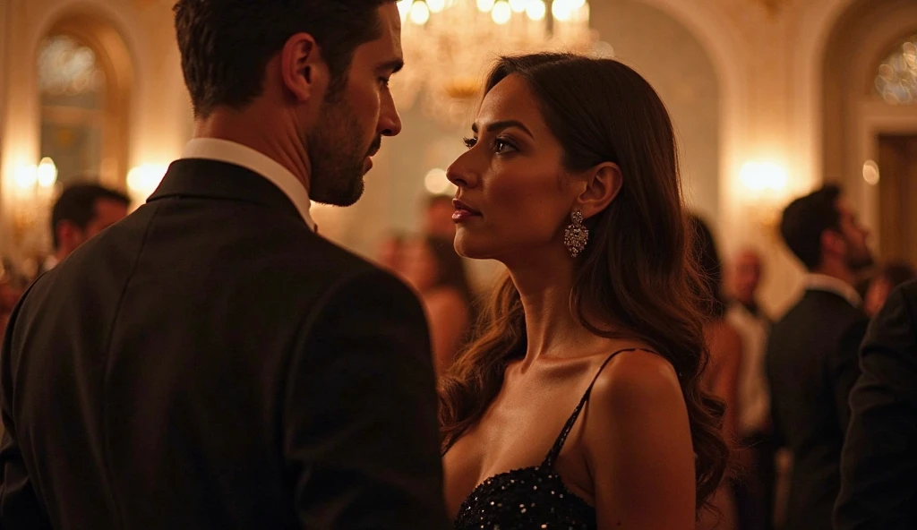 A sophisticated party where a man gently touches a woman’s hand while talking to her.