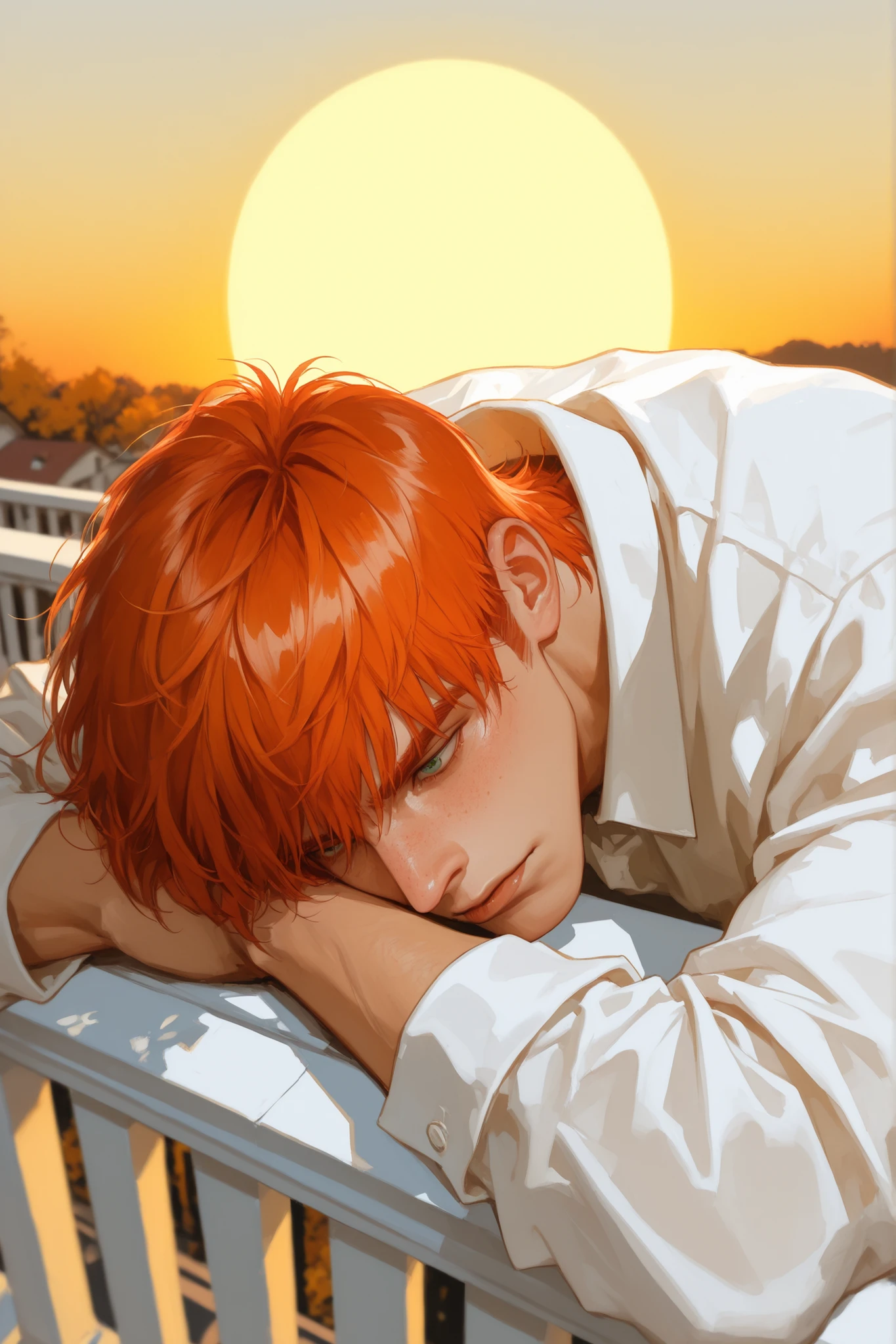 Solo man, in red and white period clothing, Short hair for men, Red-haired, Orange hair, emerald eyes, freckles on his face, soft hair on his upper lip, short hair, dominant expression, autumn mood, On an old balcony, 1500s, strong, masculine, masculine hair, man, Men's haircut, strong sun, zoom in on the face, face down, yellow light, Strong Sun, real sun, Sunset