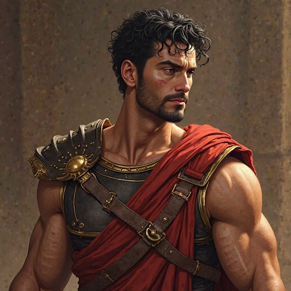 He is a fairly muscular man in his early 20s, a fairly muscular man, he is a former barbarian soldier with amber skin, brown eyes and fairly short black hair. . il ne porte pas d'armure. Her face is beardless..