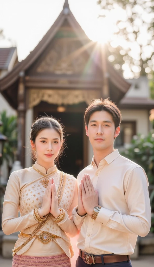 A 25-year-old man, with a radiant smile, dons traditional Indonesian pre-wedding clothes, his attire exuding elegance and grace. Next to him stands a woman, equally radiant, wearing traditional Indonesian pre-wedding attire and a hijab that frames her beautiful face. They both hold hands, their bodies intertwined, creating a heartwarming scene. The background is the serene beauty of the beach, the sun setting in the distance, casting a warm, golden glow on the scene. The image is rendered in the highest quality, with realistic textures and true-to-life colors, each detail meticulously captured to bring this moment to life.